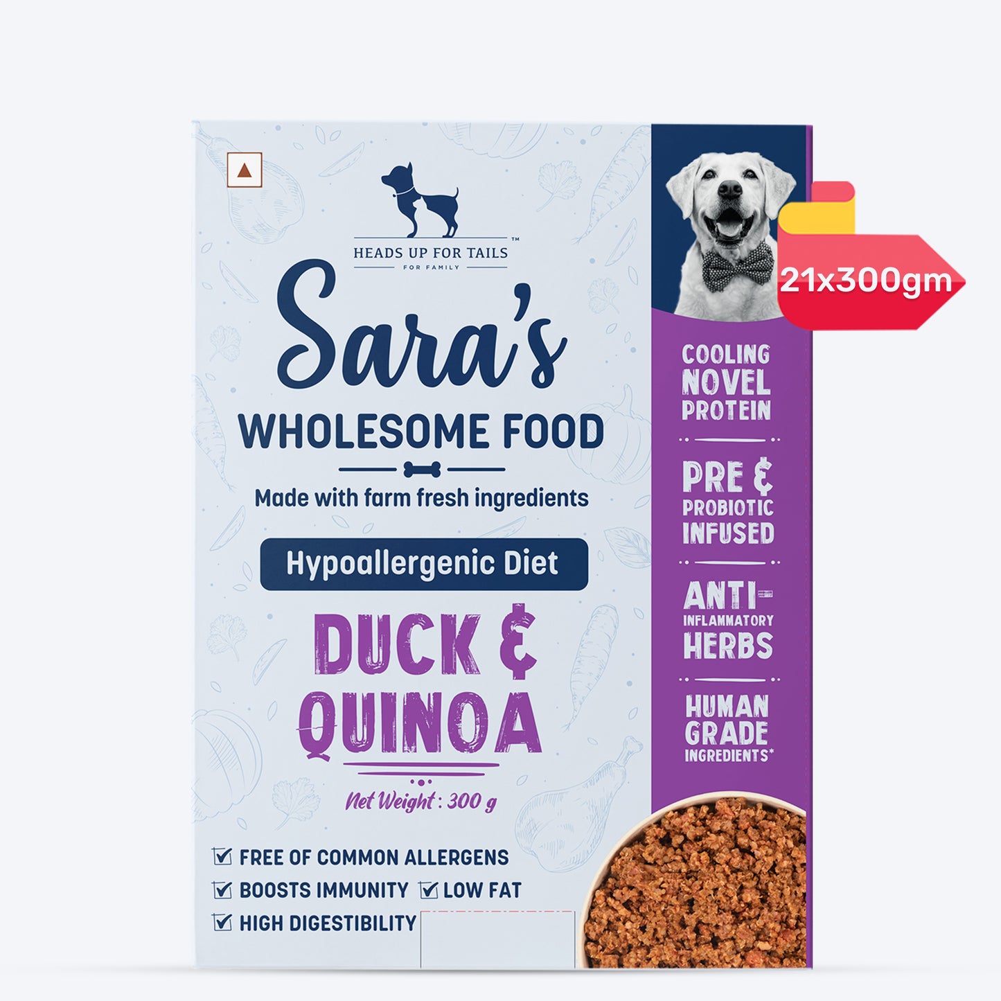 Sara's Wholesome Hypoallergenic Diet Duck & Quinoa Dog Wet Food, 300 g, made with farm-fresh ingredients.