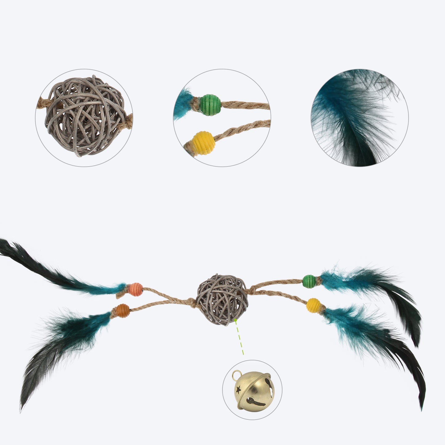 GiGwi Eco Line Catch And Scratch Cat Toy With Rattle Wood Green Feathers - Heads Up For Tails