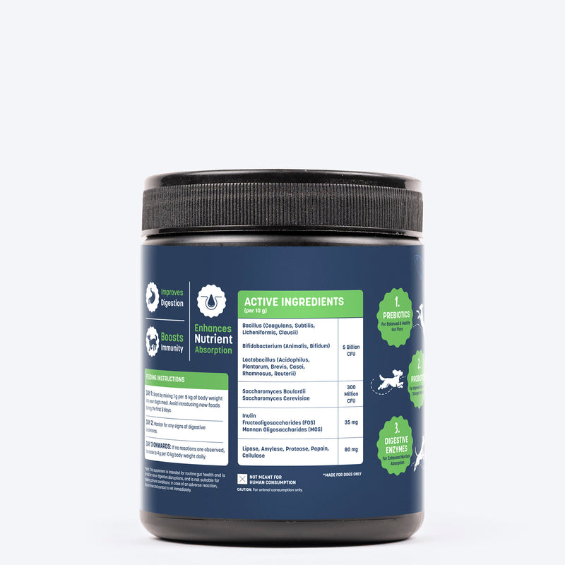 Sara's Boosters Gut & Digestive Health Supplement for Dogs, 200 gm, a blend of prebiotics and probiotics with enzymes.