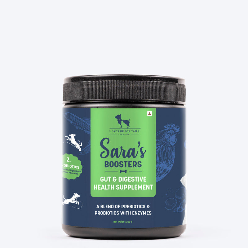 Sara's Boosters Gut & Digestive Health Supplement for Dogs, 200 gm, a blend of prebiotics and probiotics with enzymes.
