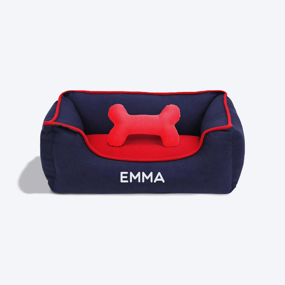 HUFT Personalised Classic Lounger Dog Bed (Free Bone Cushion) - Navy With Red - Heads Up For Tails