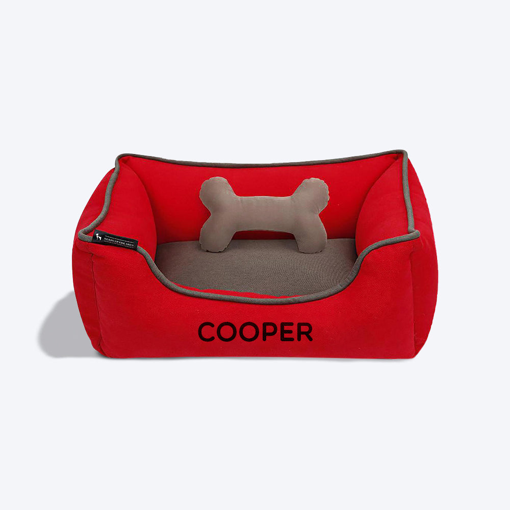 HUFT Personalised Classic Lounger Dog Bed (Free Bone Cushion) - Red With Grey - Heads Up For Tails