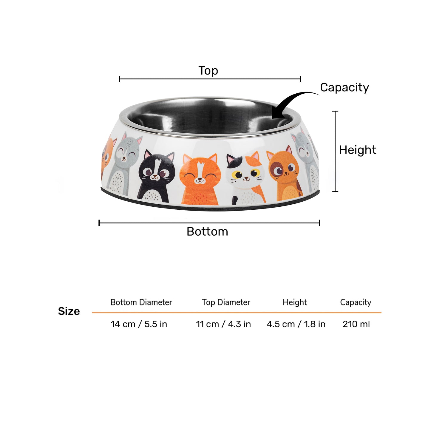 HUFT Kitty Family Printed Melamine Bowl With Steel Inserts For Cat - Multicolor - Heads Up For Tails