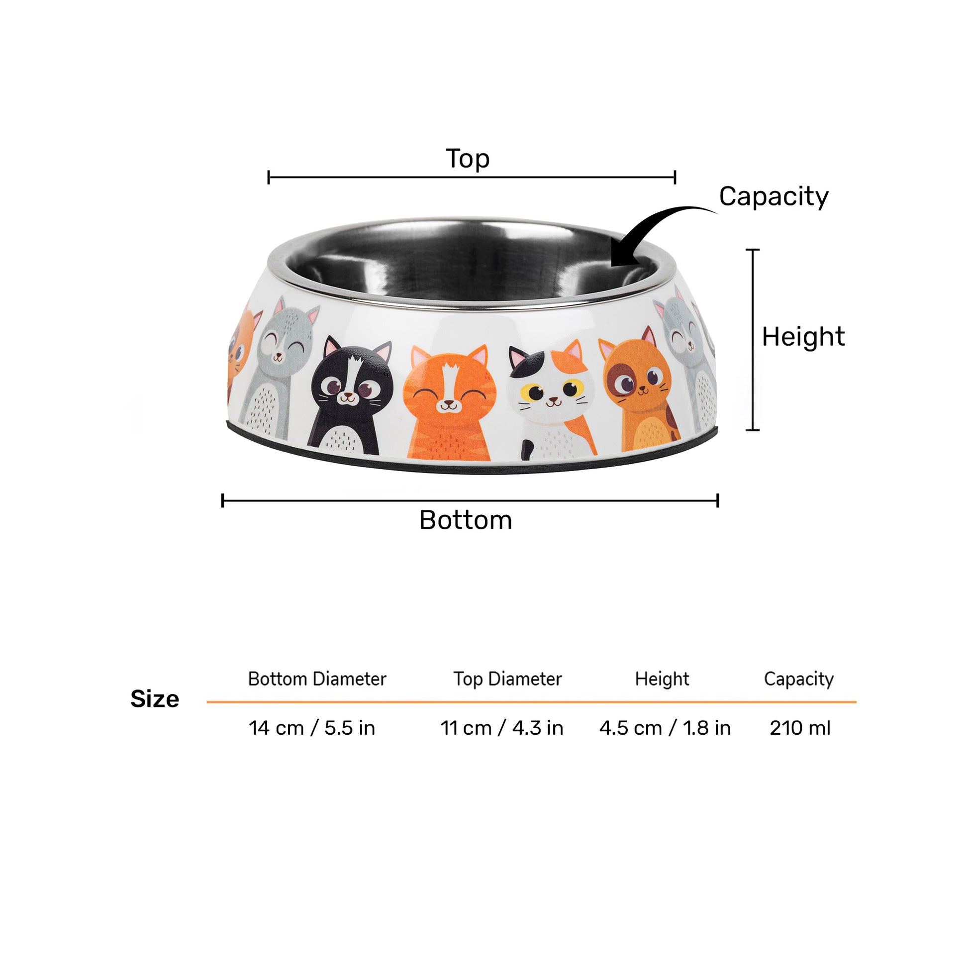 HUFT Kitty Family Printed Melamine Bowl With Steel Inserts For Cat - Multicolor - Heads Up For Tails