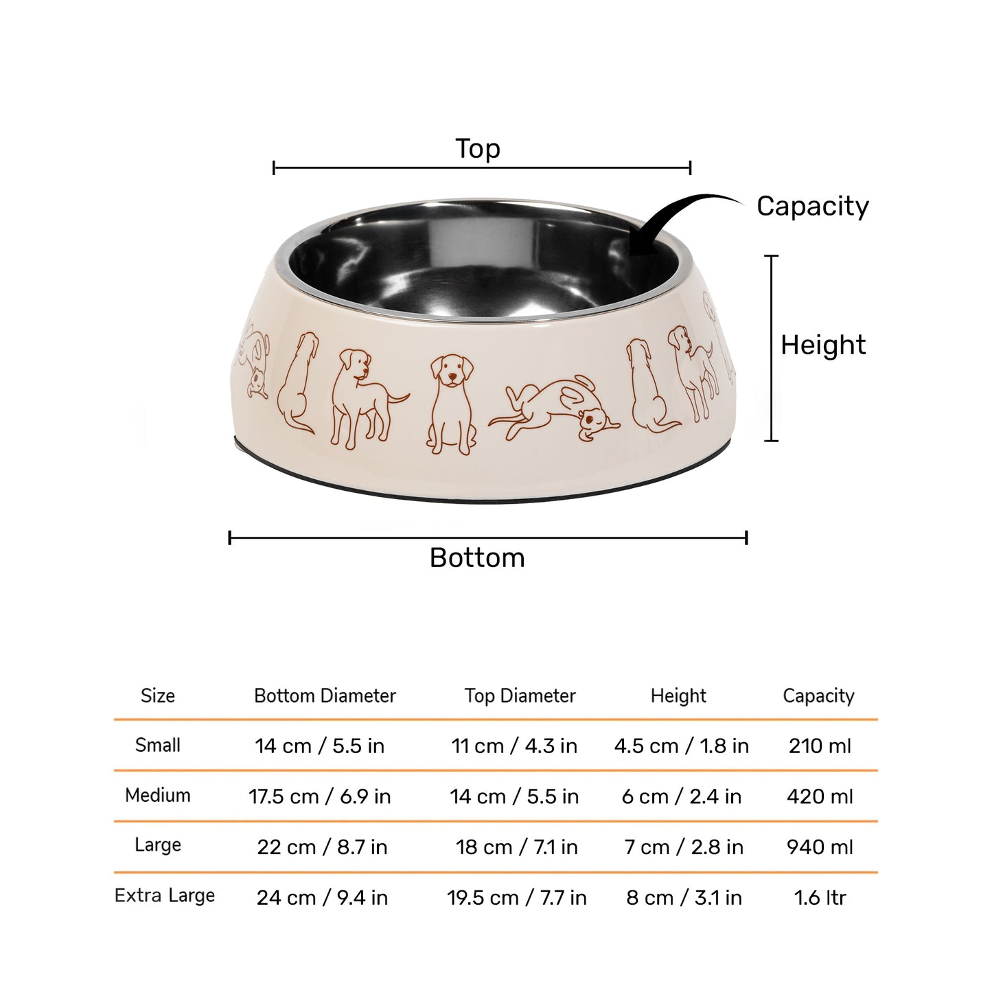 HUFT Wag And Doodle Printed Melamine Bowl With Steel Inserts For Dogs - Beige - Heads Up For Tails
