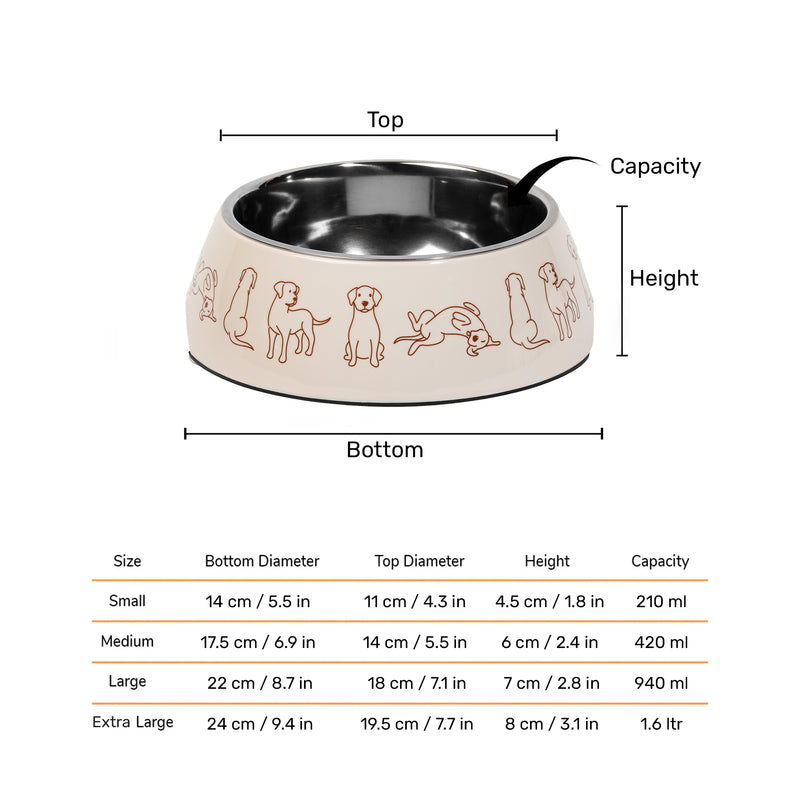 HUFT Wag And Doodle Printed Melamine Bowl With Steel Inserts For Dogs - Beige - Heads Up For Tails