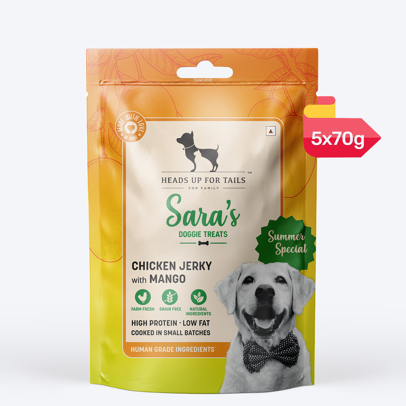 Sara's Doggie Treats Mango Chicken Jerky, 70 g, features high-protein, grain-free treats with natural ingredients.