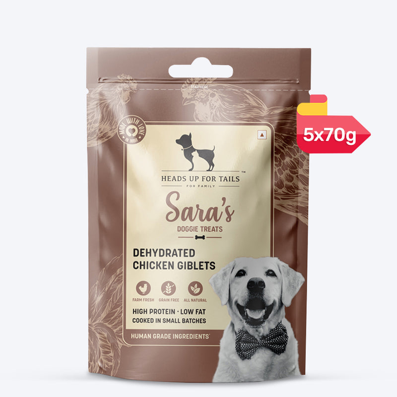 Sara's Doggie Treats Dehydrated Chicken Giblets, 70 g, high protein, low fat, all-natural dog treats in a resealable bag.