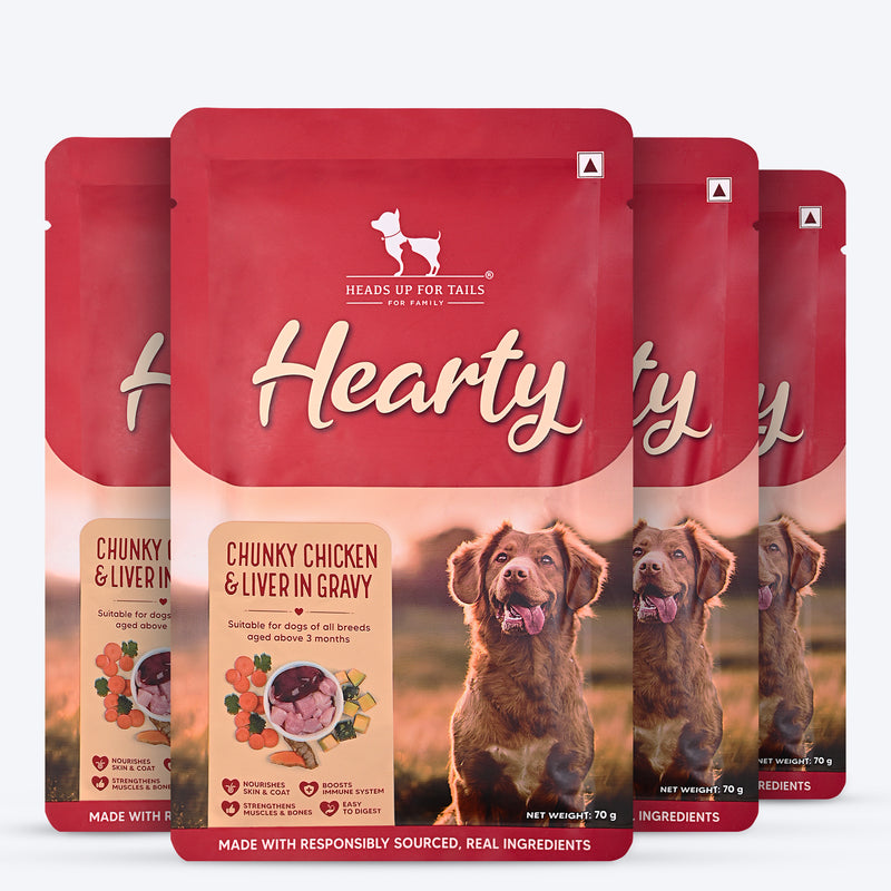 Hearty Chunky Chicken & Liver in Gravy dog wet food by Heads Up for Tails, 70 g, suitable for dogs over 3 months.