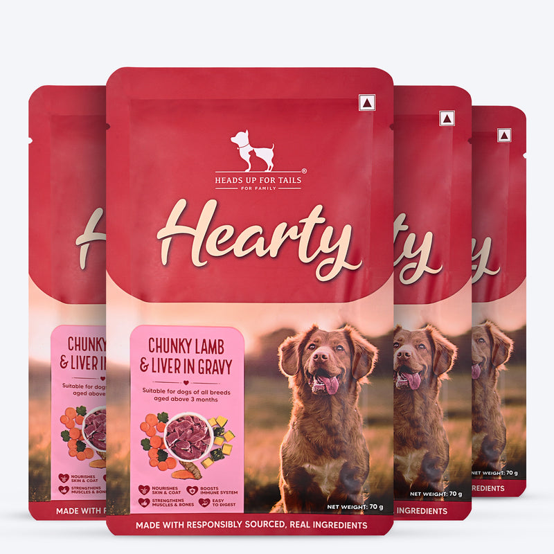 Hearty Chunky Lamb & Liver in Gravy dog food by Heads Up for Tails, 70g, suitable for dogs over 3 months.