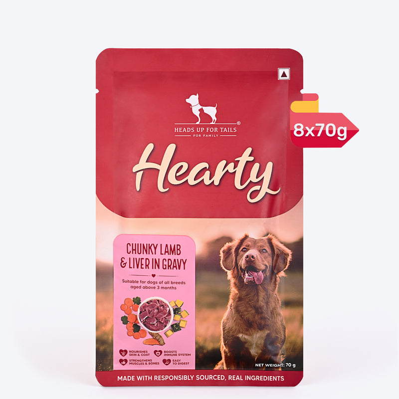 Hearty Chunky Lamb & Liver in Gravy dog wet food by Heads Up for Tails, 70g, suitable for dogs over 3 months.