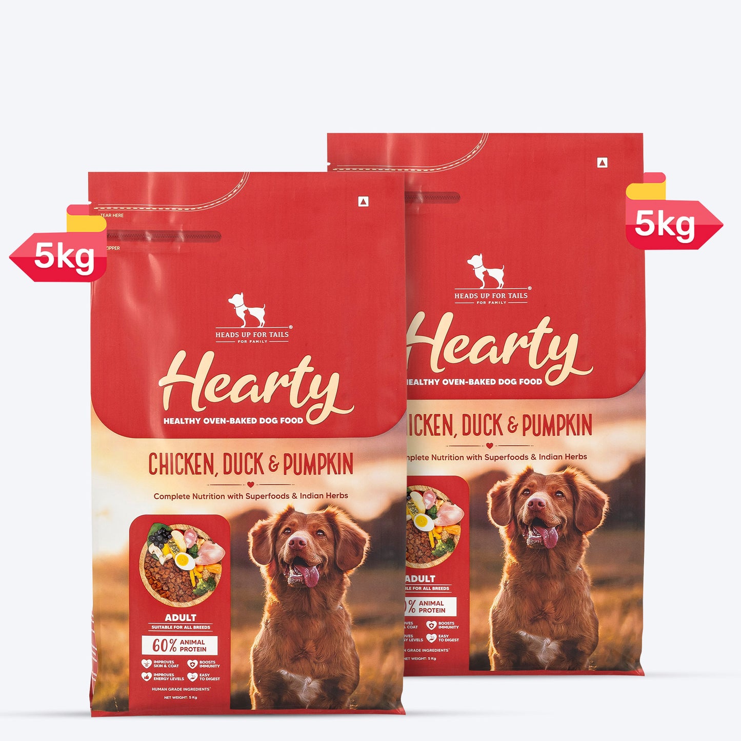 Hearty Oven-Baked Dog Food by Heads Up for Tails, Chicken, Duck and Pumpkin, 250g, suitable for all breeds.
