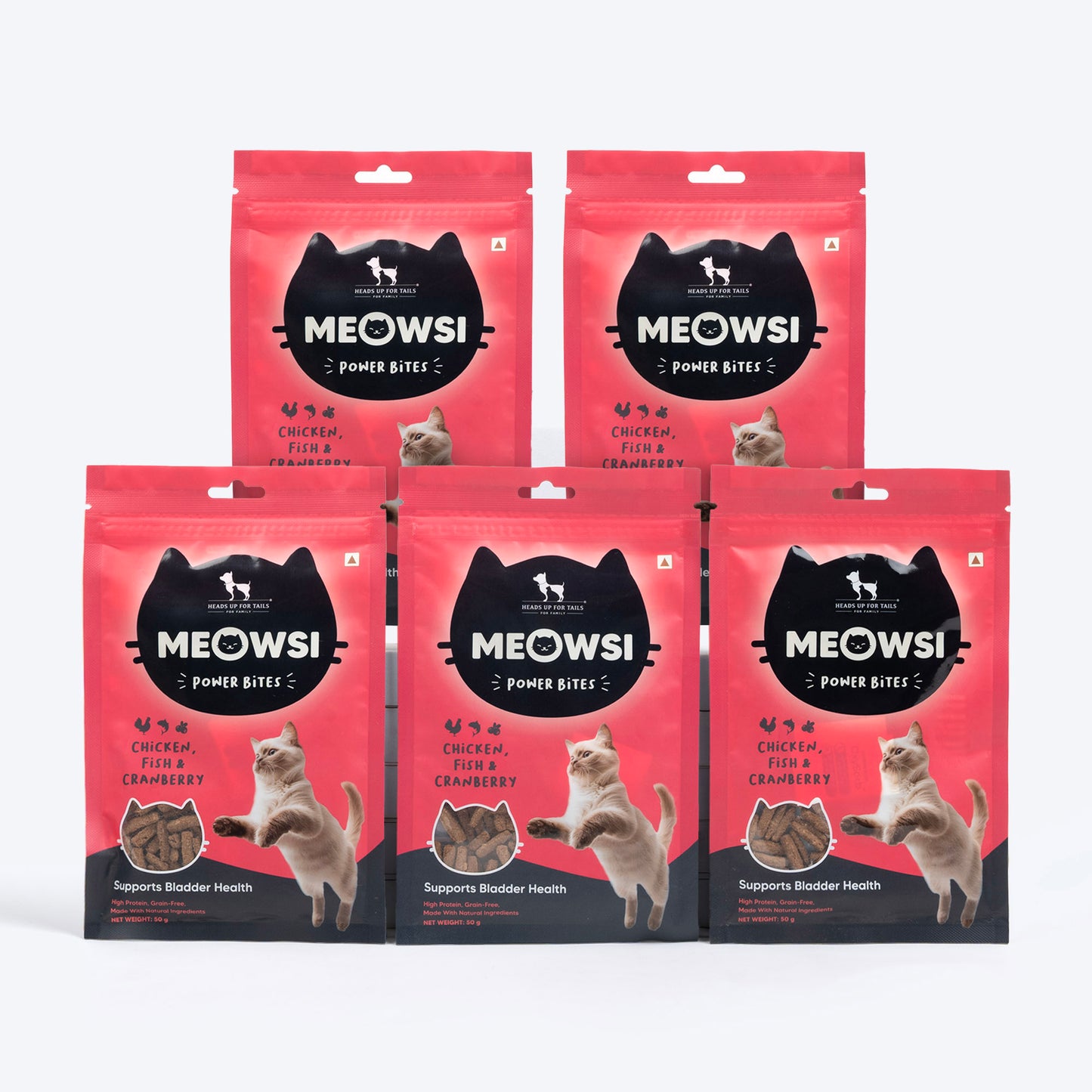 Meowsi by HUFT Chicken, Fish & Cranberry Power Bites Cat Treats, 50 gm, supports bladder health with high protein.