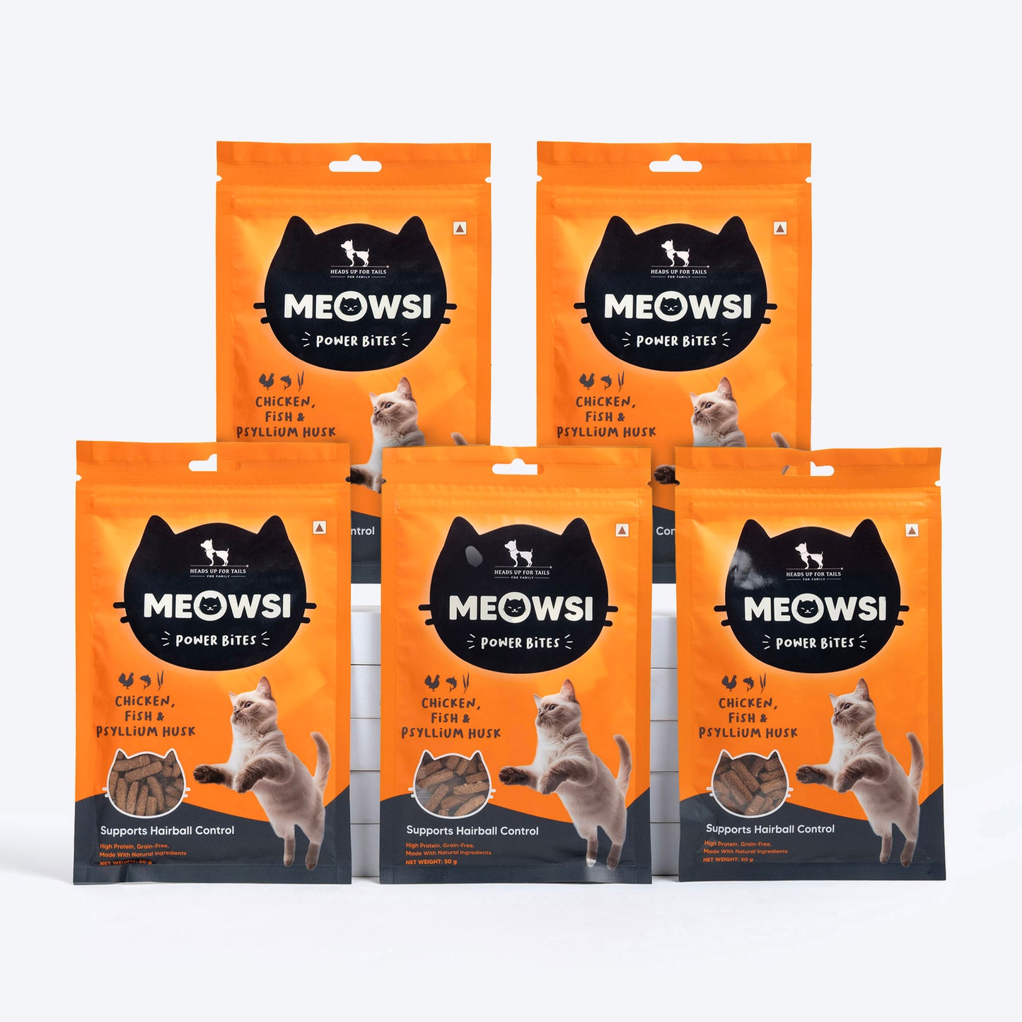Meowsi by HUFT Power Bites, Chicken, Fish & Psyllium Husk, 50 gm, supports hairball control for cats.