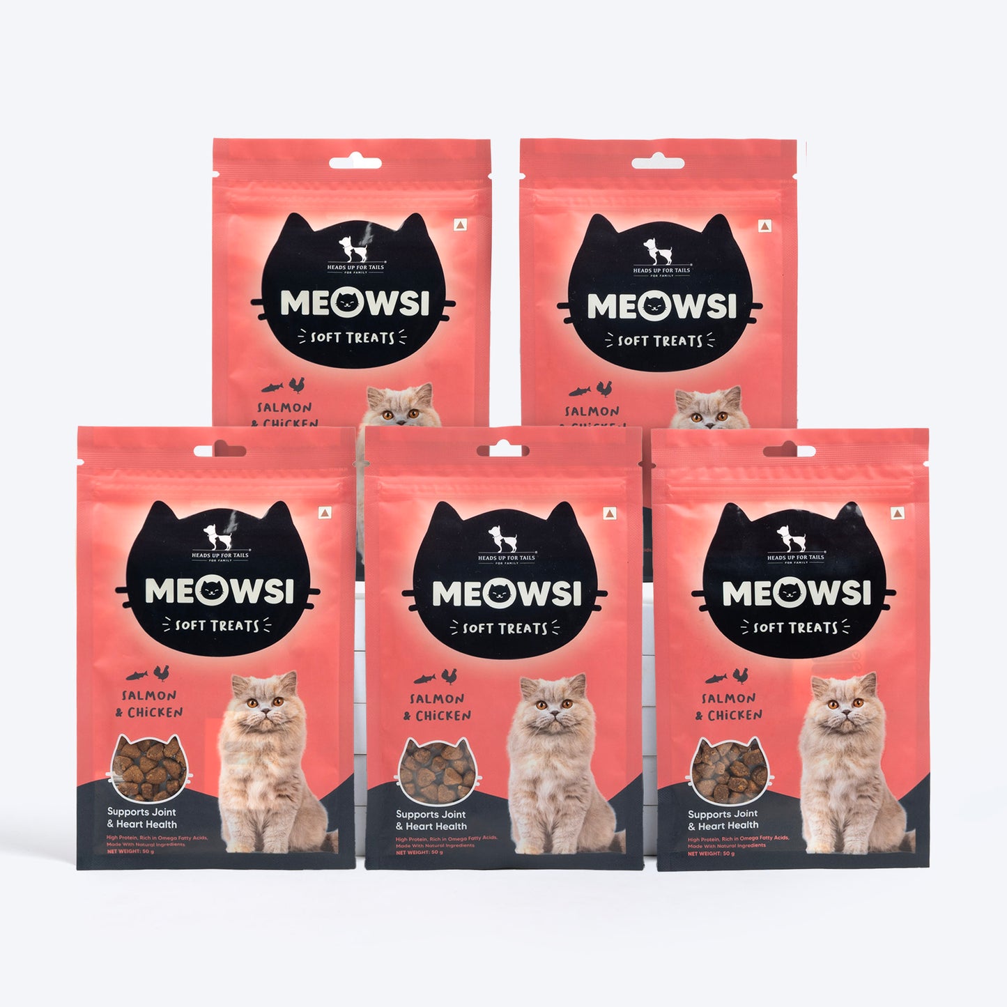 Meowsi by HUFT Salmon & Chicken Soft Cat Treats, 50 gm, features a pink packaging with a cat graphic and treats displayed.