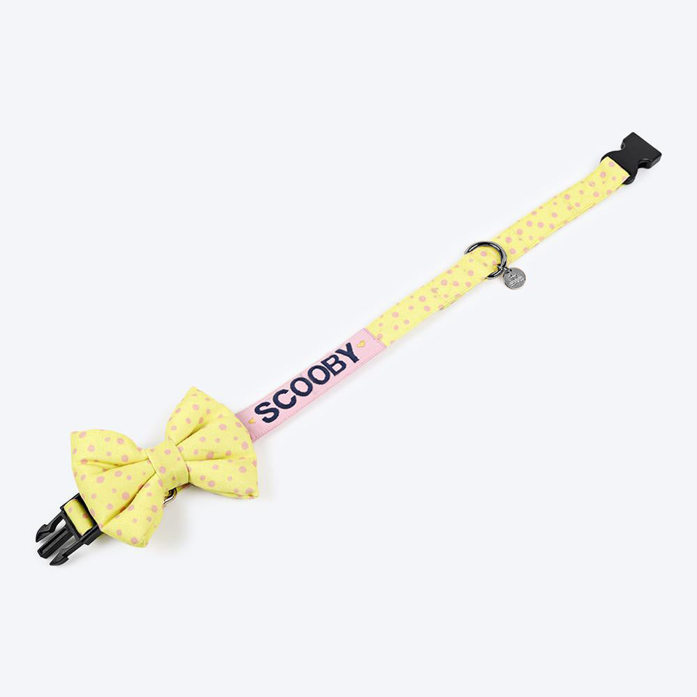 HUFT Personalised Yellow Polka Splash Fabric Collar With Free Bow Tie For Dogs - Heads Up For Tails