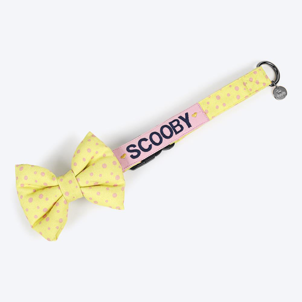 HUFT Personalised Yellow Polka Splash Fabric Collar With Free Bow Tie For Dogs - Heads Up For Tails