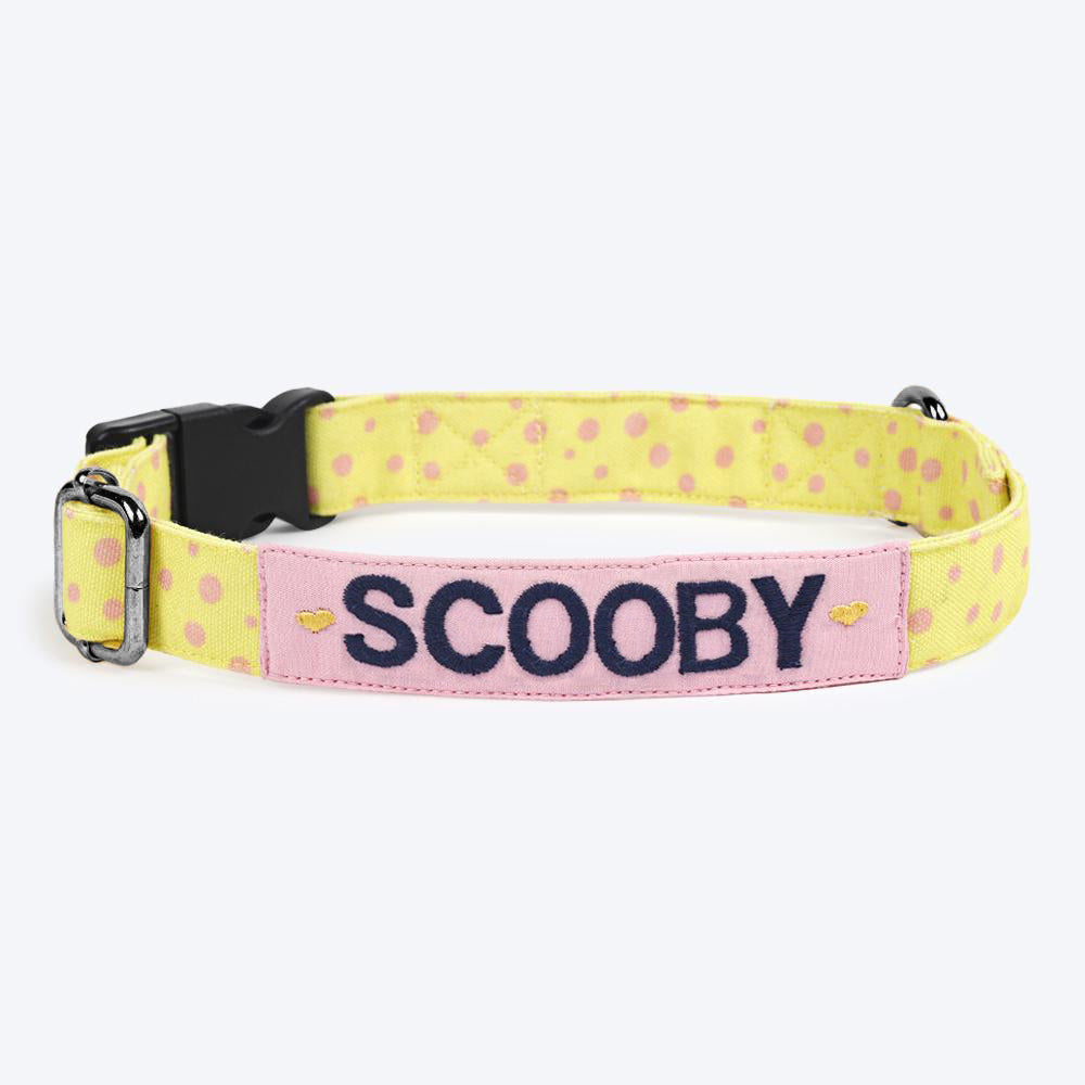 HUFT Personalised Yellow Polka Splash Fabric Collar With Free Bow Tie For Dogs - Heads Up For Tails
