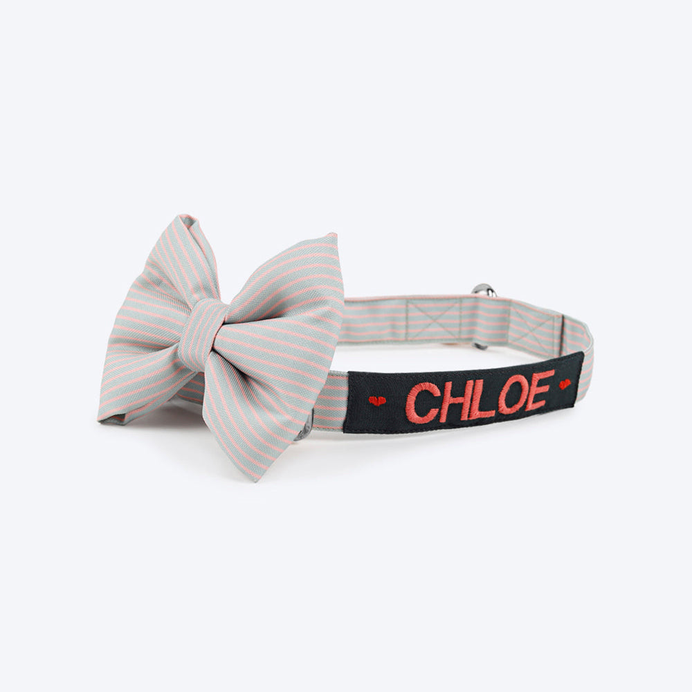 HUFT Personalised Poppy Pink Stripe Fabric Collar For Dogs With Free Bow Tie For Dogs - Heads Up For Tails