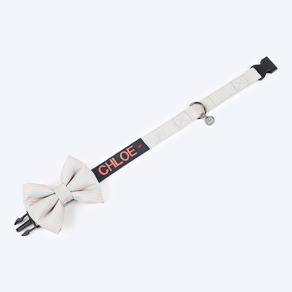 HUFT Personalised Poppy Pink Stripe Fabric Collar For Dogs With Free Bow Tie For Dogs - Heads Up For Tails