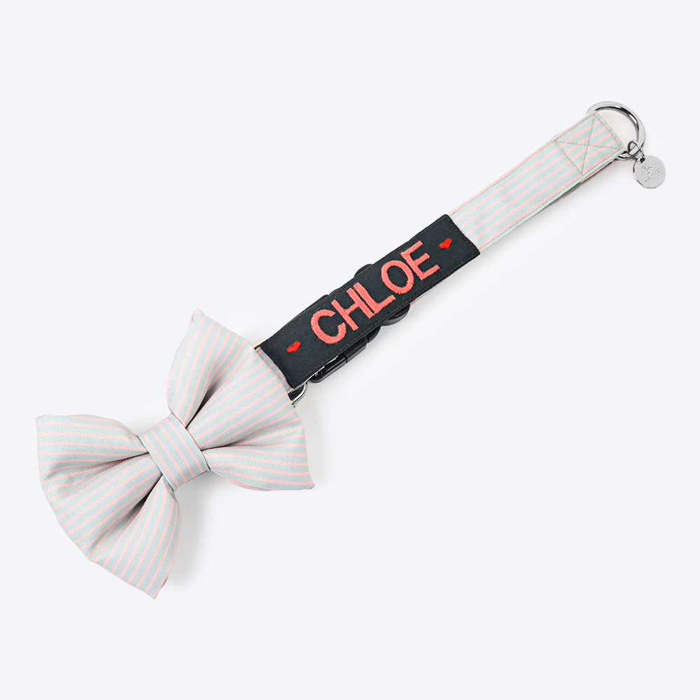 HUFT Personalised Poppy Pink Stripe Fabric Collar For Dogs With Free Bow Tie For Dogs - Heads Up For Tails