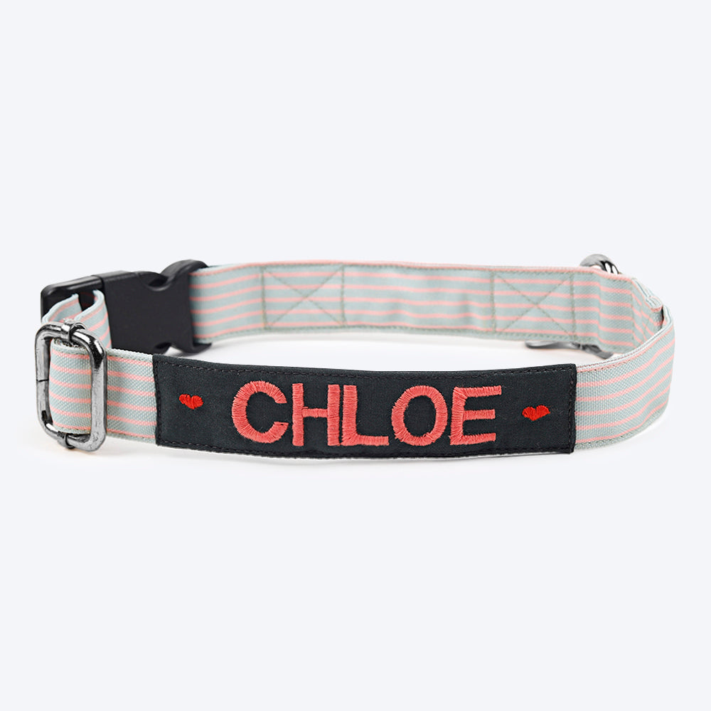 HUFT Personalised Poppy Pink Stripe Fabric Collar For Dogs With Free Bow Tie For Dogs - Heads Up For Tails