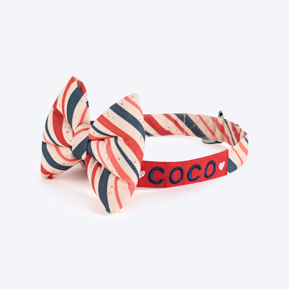 HUFT Personalised Sprinkled Stripes Fabric Collar With Free Bow Tie For Dogs - Heads Up For Tails