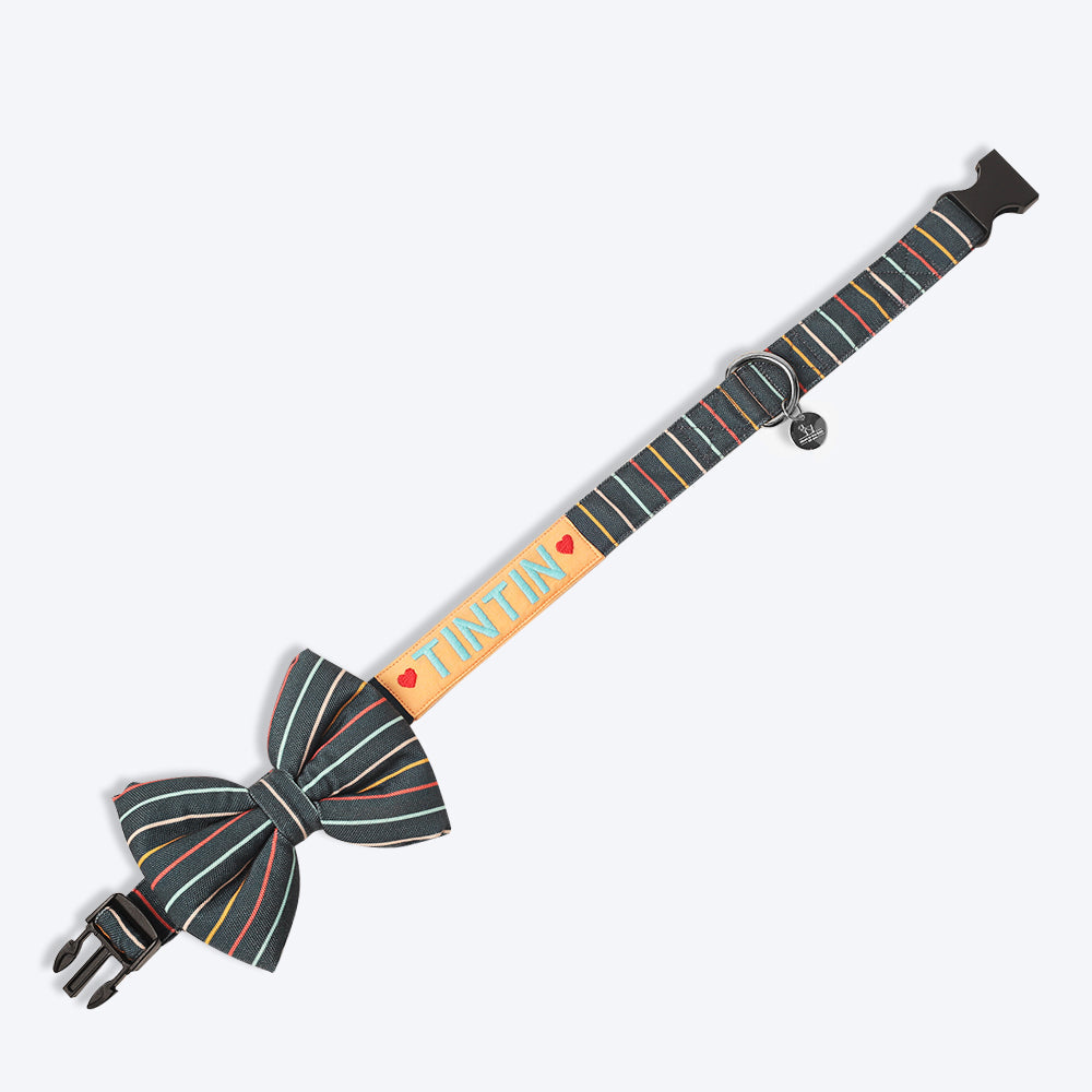 HUFT Personalised Sunny Stripes Fabric Collar With Free Bow Tie For Dogs - Heads Up For Tails