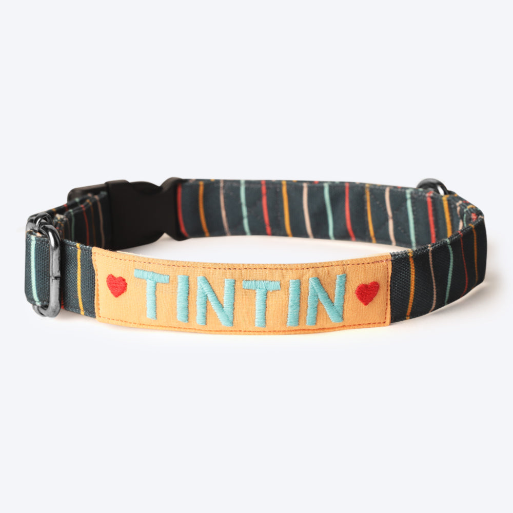 HUFT Personalised Sunny Stripes Fabric Collar With Free Bow Tie For Dogs - Heads Up For Tails