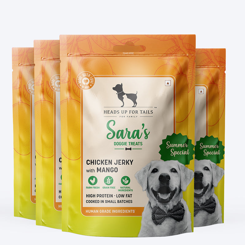Sara's Doggie Treats Mango Chicken Jerky, 70 g, features high-protein, grain-free treats with natural ingredients.