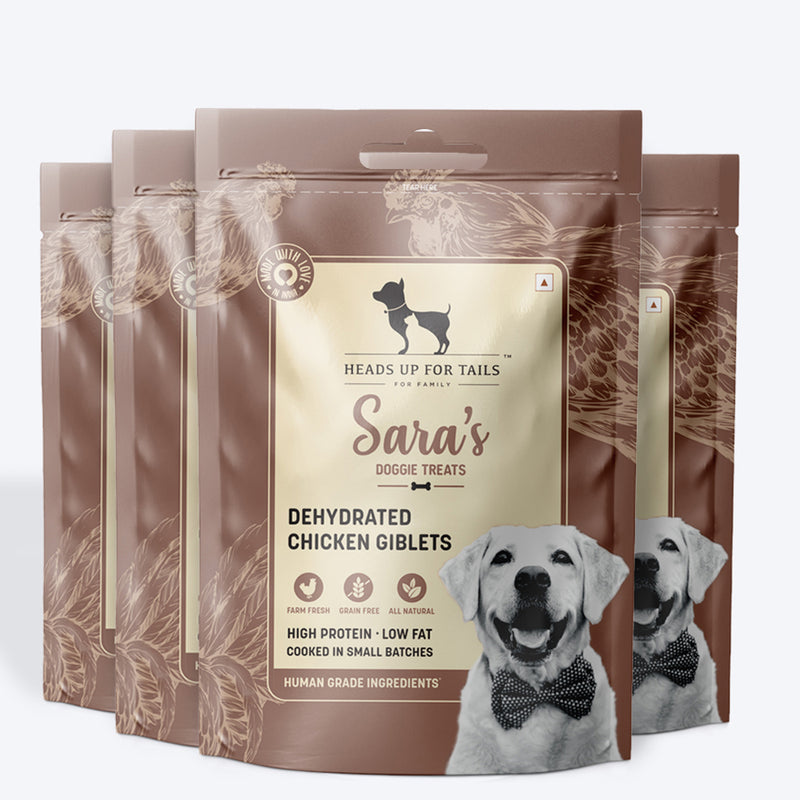 Sara's Doggie Treats Dehydrated Chicken Giblets, 70 g, high protein, low fat, all-natural dog treats in a resealable bag.