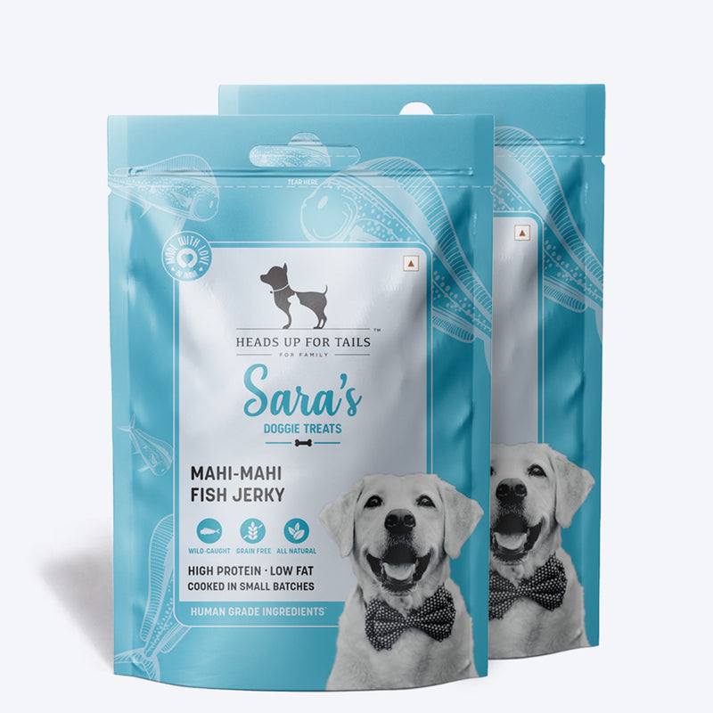 Sara's Doggie Treats Mahi Mahi Fish Jerky, 70 g, high protein, low fat, all-natural ingredients, suitable for dogs.