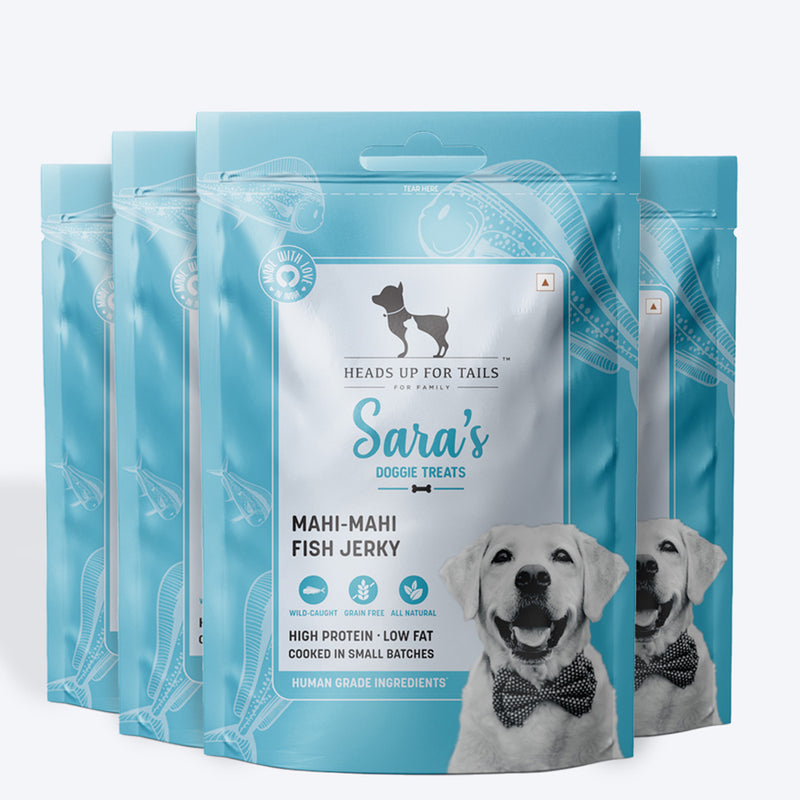 Sara's Doggie Treats Mahi Mahi Fish Jerky, 70 g, high protein, low fat, all-natural ingredients, suitable for dogs.