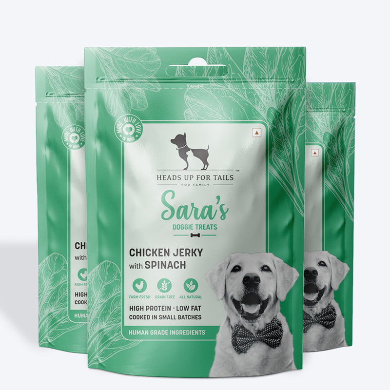 Sara's Doggie Treats Chicken Jerky with Spinach, 70 g, featuring a green packaging and images of spinach and jerky pieces.