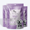 Sara's Doggie Treats Chicken Liver Jerky with Turmeric, 70 g, featuring a purple packaging and images of ingredients.