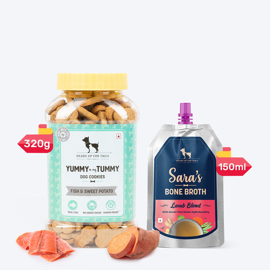 HUFT Sara's Lamb Bone Broth & YIMT Fish & Sweet Potato Biscuits Combo For Dogs