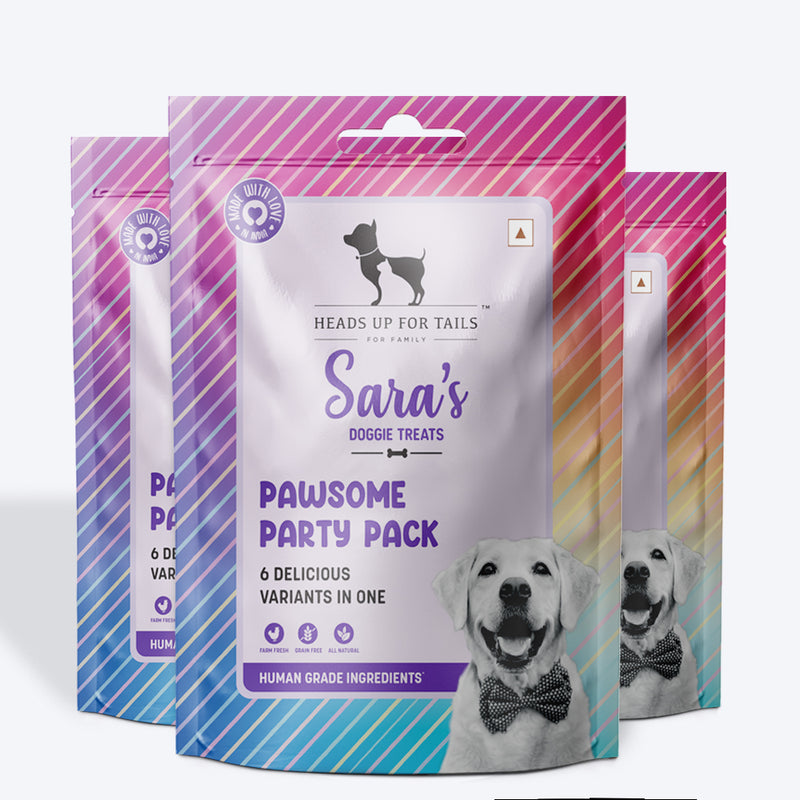 Sara's Doggie Treats Pawsome Party Pack, 200 gm, features 6 delicious variants for dogs, with a colorful packaging design.