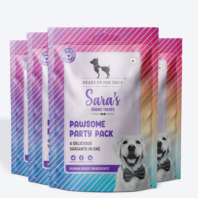 Sara's Doggie Treats Pawsome Party Pack, 200 gm, features 6 delicious variants for dogs, with a colorful packaging design.