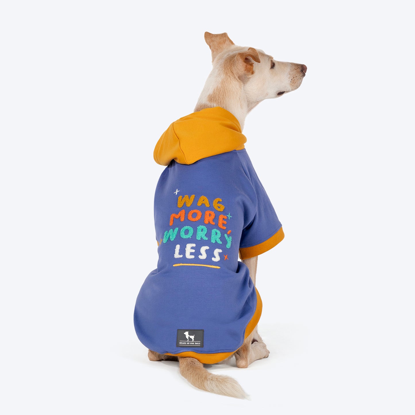 HUFT Wag More Worry Less Colour Block Hoodie Pet Sweatshirt - Blue - Heads Up For Tails