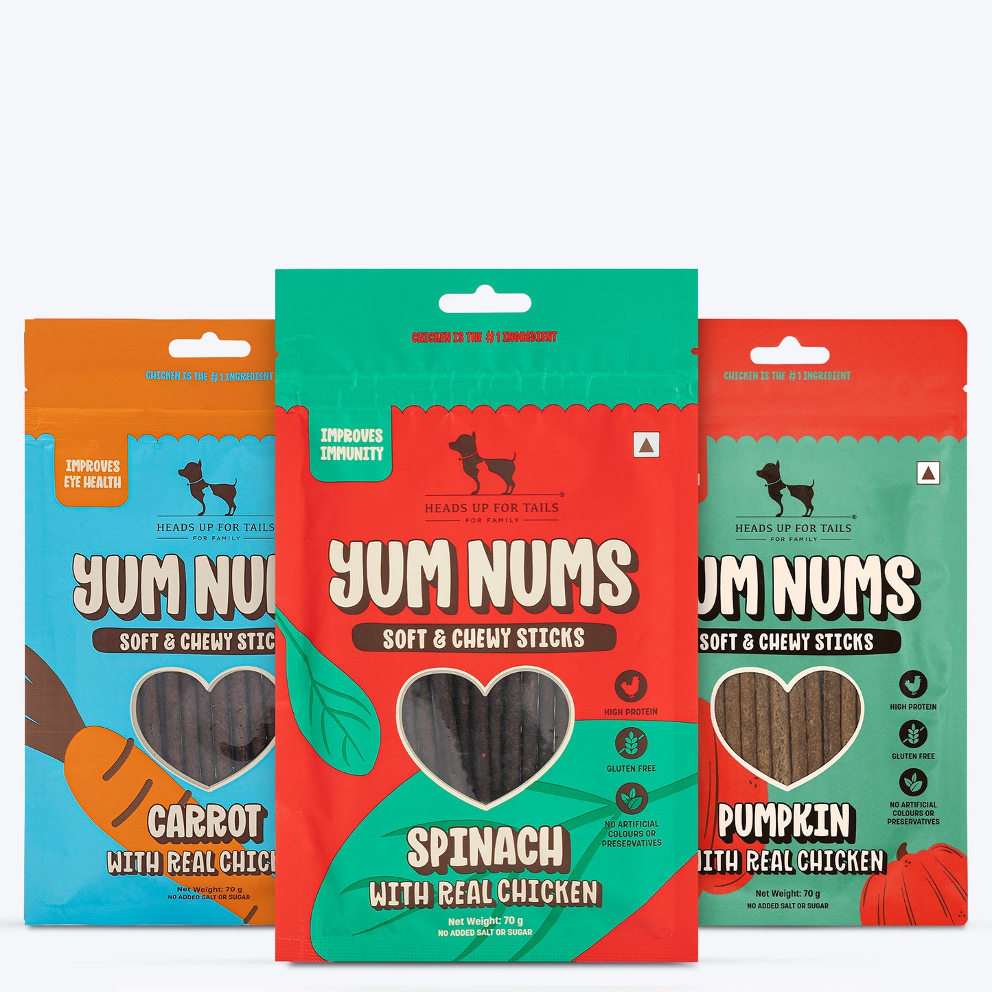 HUFT Yum Nums : Real Chicken & Veggies Soft Sticks Treat Combo For Dogs - 225 gm (Each 75 gm) - Heads Up For Tails