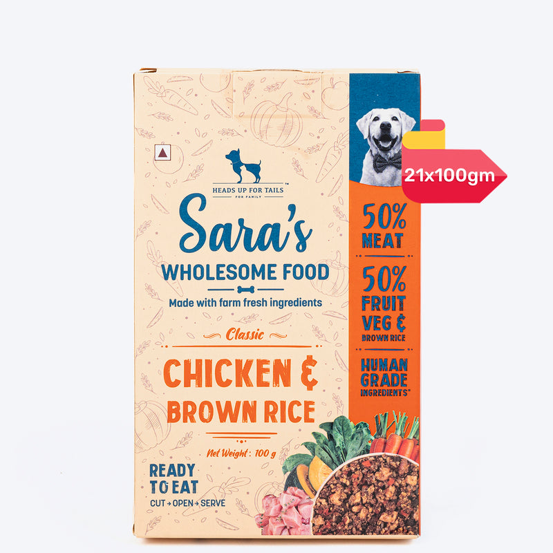 Sara's Wholesome Classic Chicken and Brown Rice Dog Food, 300g, made with 50% meat and 50% fruits and vegetables.