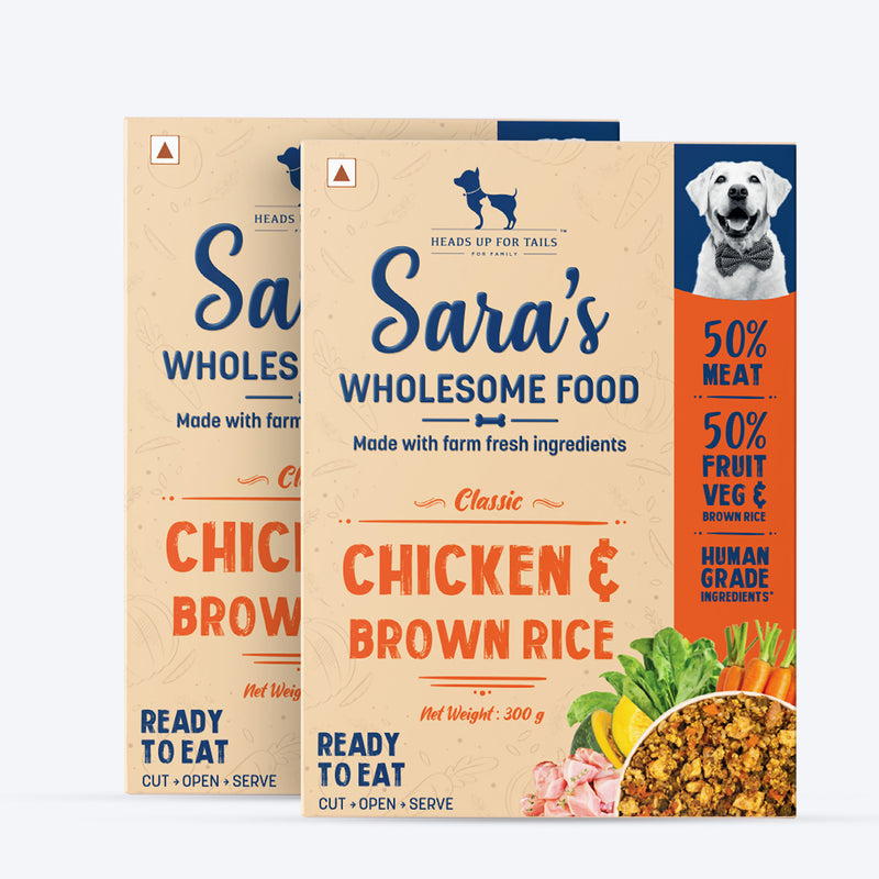 Sara's Wholesome Classic Chicken and Brown Rice Dog Food, 300g, made with 50% meat and 50% fruits and vegetables.