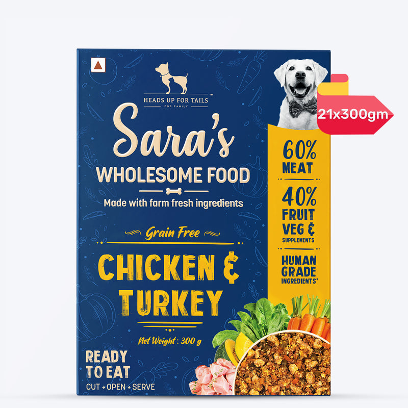 Sara's Wholesome Grain-Free Chicken and Turkey Dog Food, 300 g, made with 60% meat and 40% fruits and vegetables.