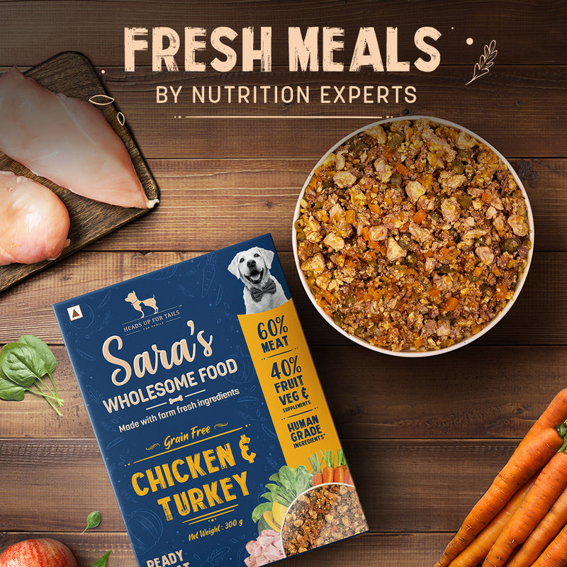 Sara's Wholesome Grain-Free Chicken and Turkey Dog Food, 300 g, made with 60% meat and 40% fruits and vegetables.