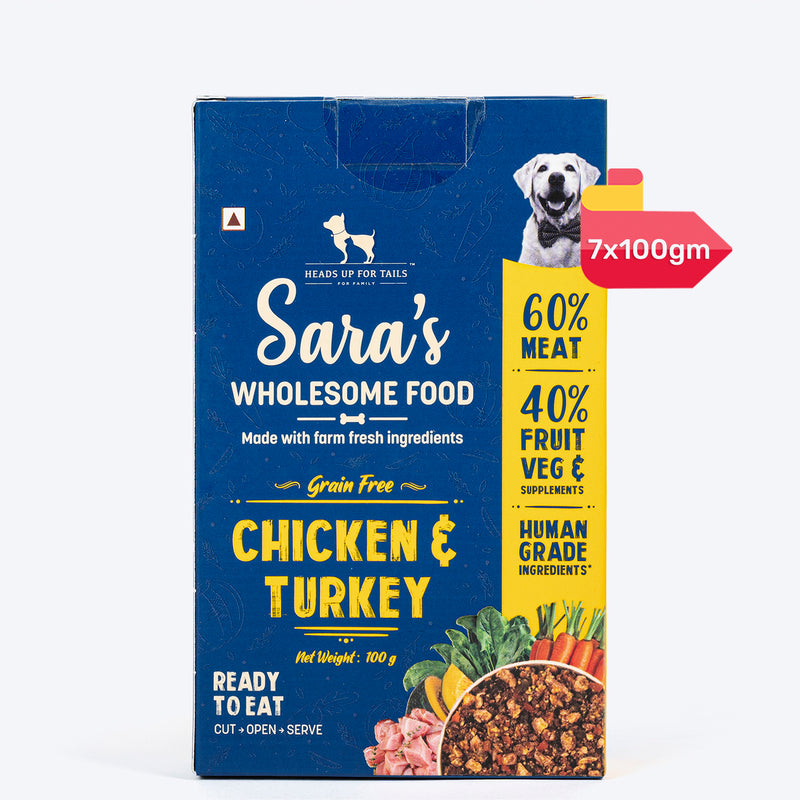 Sara's Wholesome Grain-Free Chicken and Turkey Dog Food, 300 g, made with 60% meat and 40% fruits and vegetables.