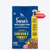Sara's Wholesome Grain-Free Chicken and Turkey Dog Food, 300 g, made with 60% meat and 40% fruits and vegetables.