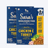 Sara's Wholesome Grain-Free Chicken and Turkey Dog Food, 300 g, made with 60% meat and 40% fruits and vegetables.