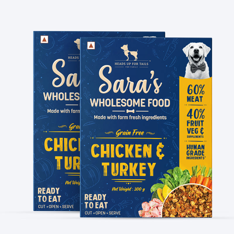 Sara's Wholesome Grain-Free Chicken and Turkey Dog Food, 300 g, made with 60% meat and 40% fruits and vegetables.