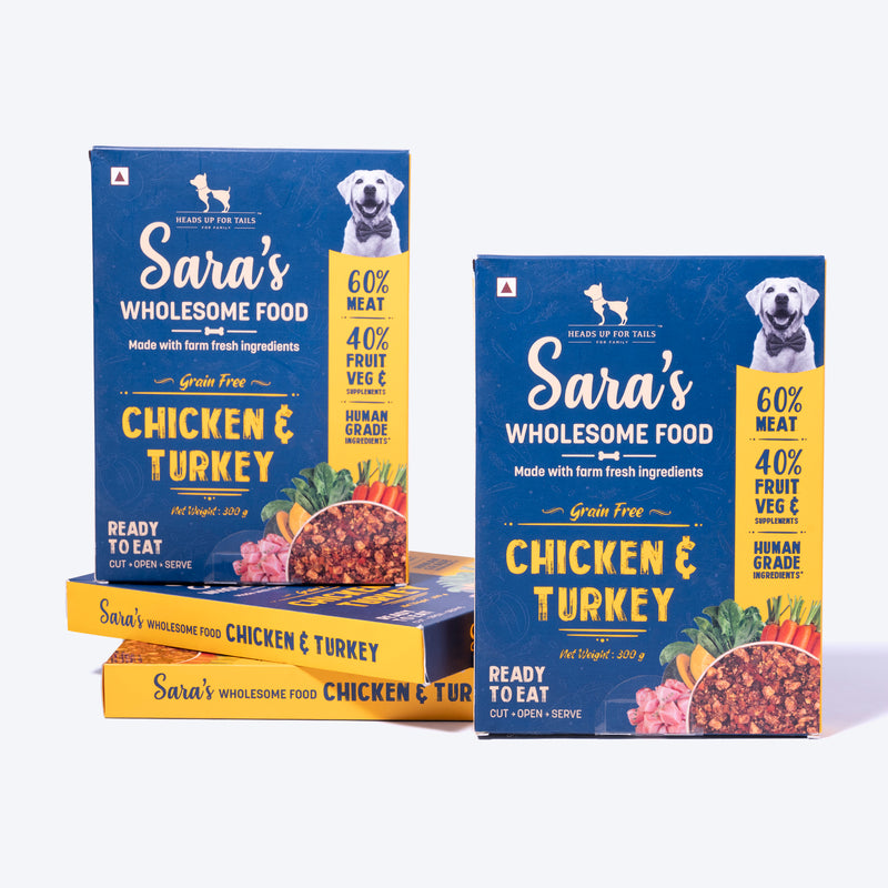 Sara's Wholesome Grain-Free Chicken and Turkey Dog Food, 300 g, made with 60% meat and 40% fruits and vegetables.
