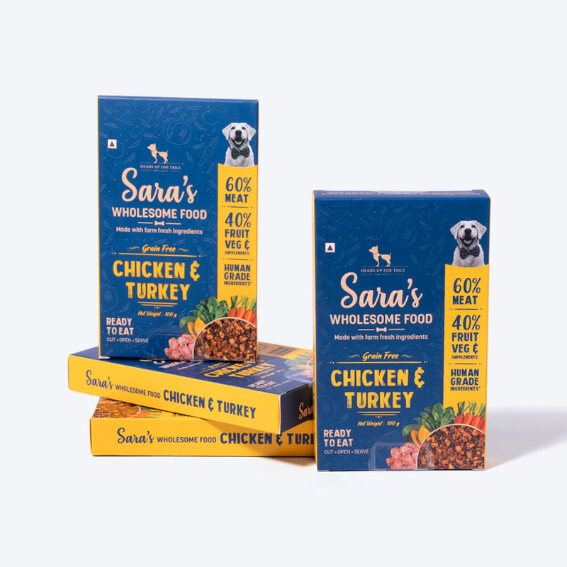 Sara's Wholesome Grain-Free Chicken and Turkey Dog Food, 300 g, made with 60% meat and 40% fruits and vegetables.